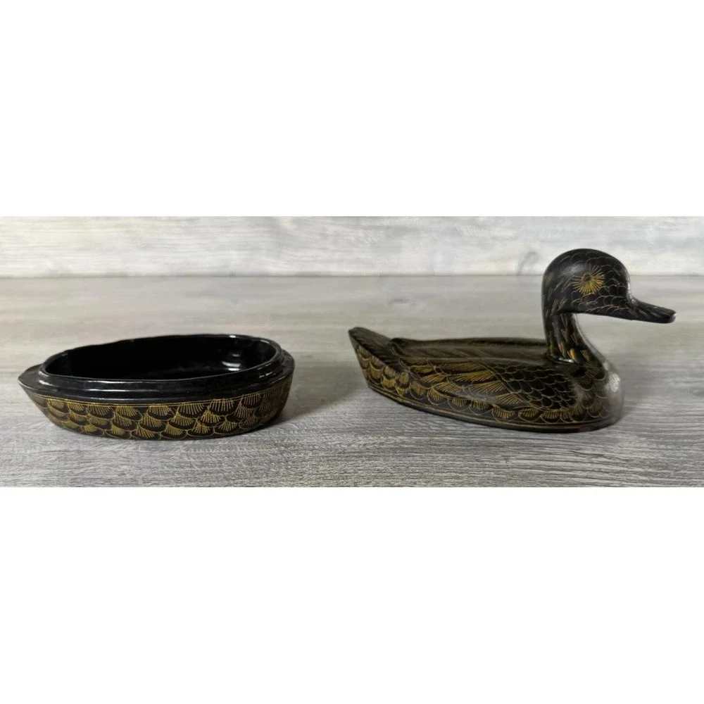 Vtg Duck Etched Lacquerware Trinket Box Container Hand Painted Thailand 5